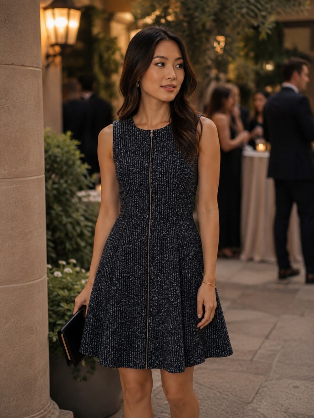Ann Taylor Sleeveless Knit Zip-Front Dress in Navy/Black